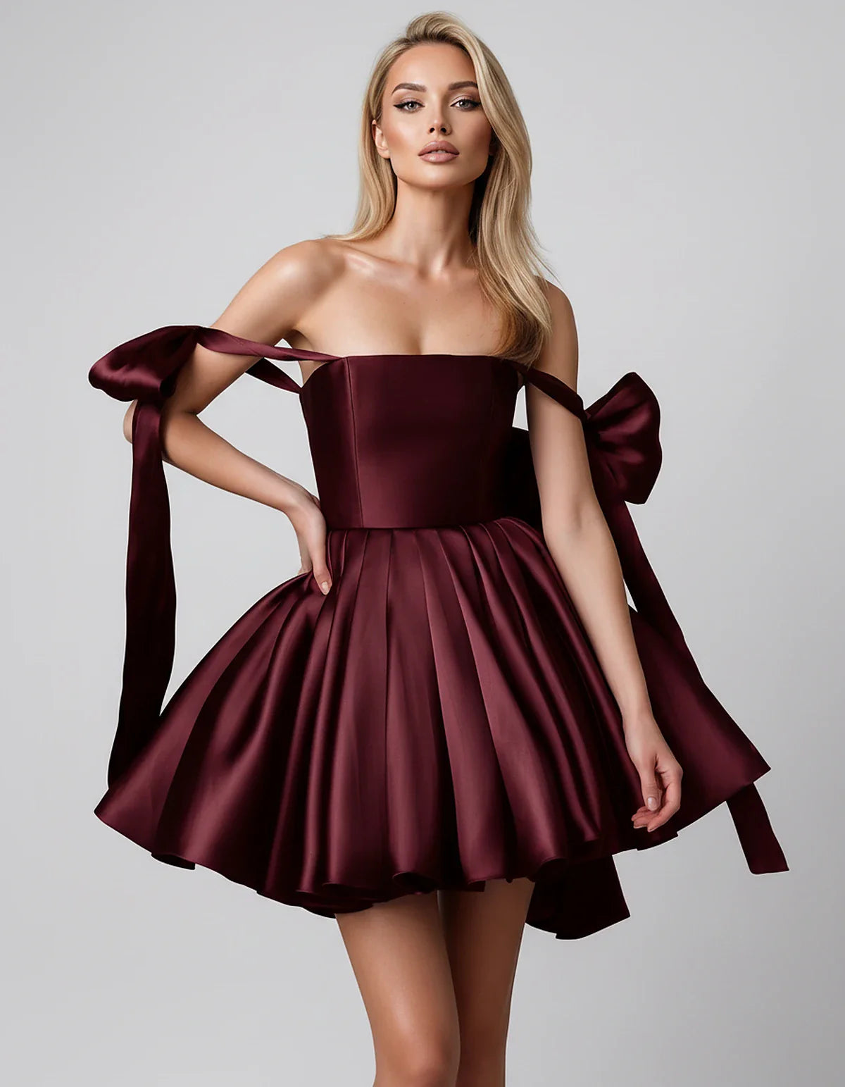 Satin Off-Shoulder Bow Fit-and-Flare Mini Dress with Pleated Skirt for Party, Cocktail, Evening, Summer & Wedding Guest Event | SKU: VMD-582741963851204-BURGUNDY-L,VMD-582741963851204-BURGUNDY-M,VMD-582741963851204-BURGUNDY-S,VMD-582741963851204-BURGUNDY-XL,VMD-582741963851204-BURGUNDY-XS
