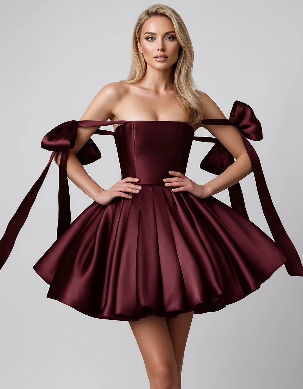 Satin Off-Shoulder Bow Fit-and-Flare Mini Dress with Pleated Skirt for Party, Cocktail, Evening, Summer & Wedding Guest Event | SKU: VMD-582741963851204-BURGUNDY-L,VMD-582741963851204-BURGUNDY-M,VMD-582741963851204-BURGUNDY-S,VMD-582741963851204-BURGUNDY-XL,VMD-582741963851204-BURGUNDY-XS