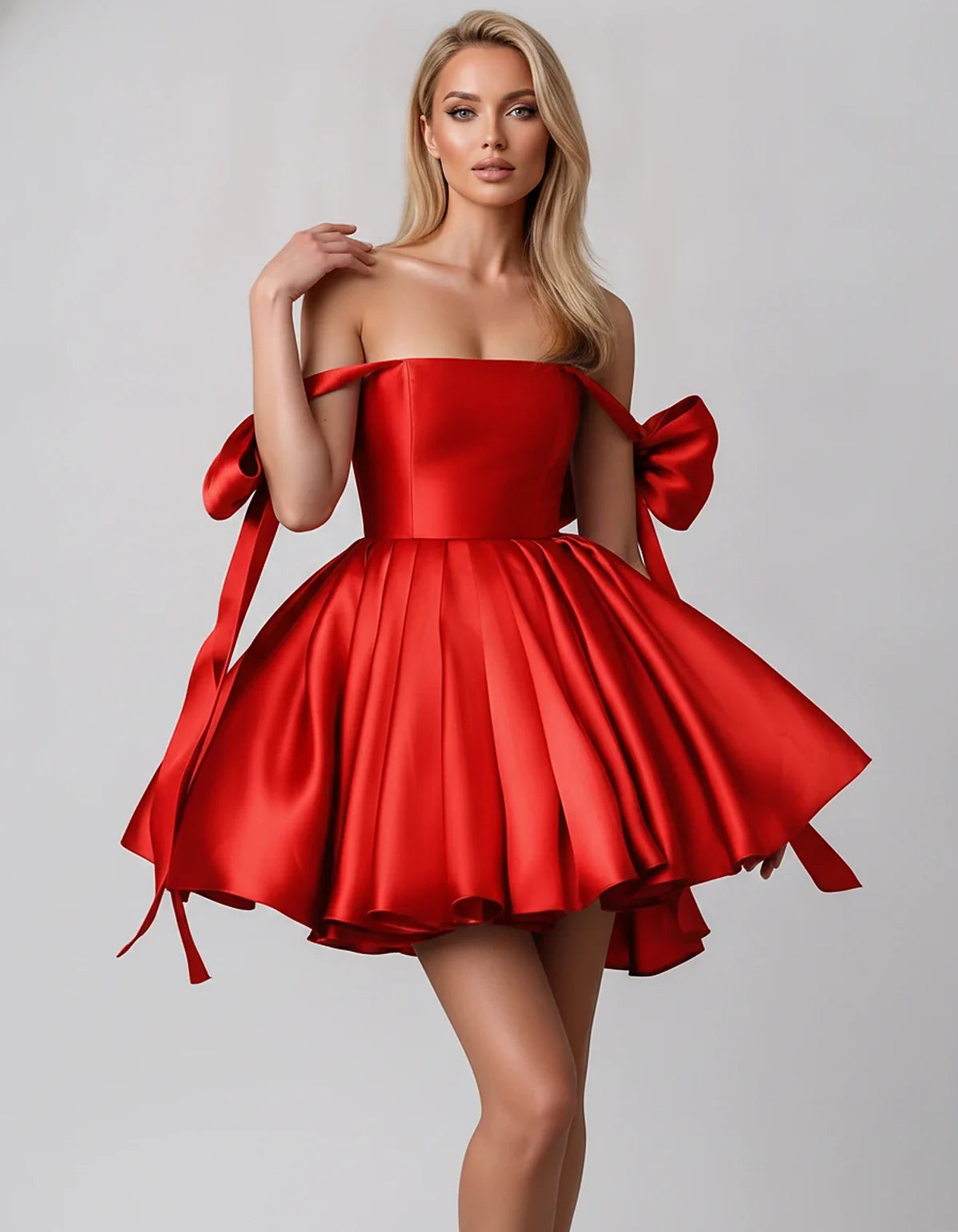 Satin Off-Shoulder Bow Fit-and-Flare Mini Dress with Pleated Skirt for Party, Cocktail, Evening, Summer & Wedding Guest Event | SKU: VMD-582741963851204-RED-L,VMD-582741963851204-RED-M,VMD-582741963851204-RED-S,VMD-582741963851204-RED-XL,VMD-582741963851204-RED-XS