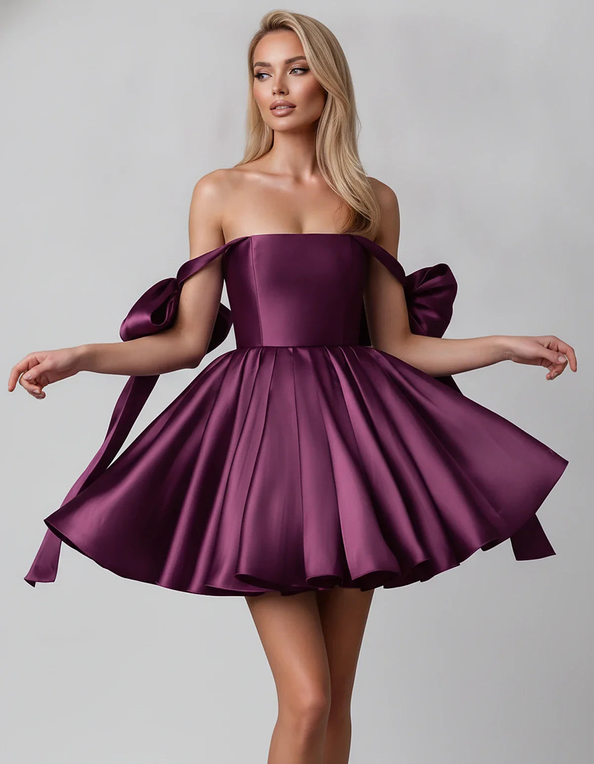 Satin Off-Shoulder Bow Fit-and-Flare Mini Dress with Pleated Skirt for Party, Cocktail, Evening, Summer & Wedding Guest Event | SKU: VMD-582741963851204-PLUM-L,VMD-582741963851204-PLUM-M,VMD-582741963851204-PLUM-S,VMD-582741963851204-PLUM-XL,VMD-582741963851204-PLUM-XS