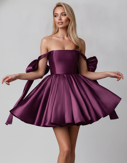 Satin Off-Shoulder Bow Fit-and-Flare Mini Dress with Pleated Skirt for Party, Cocktail, Evening, Summer & Wedding Guest Event | SKU: VMD-582741963851204-PLUM-L,VMD-582741963851204-PLUM-M,VMD-582741963851204-PLUM-S,VMD-582741963851204-PLUM-XL,VMD-582741963851204-PLUM-XS