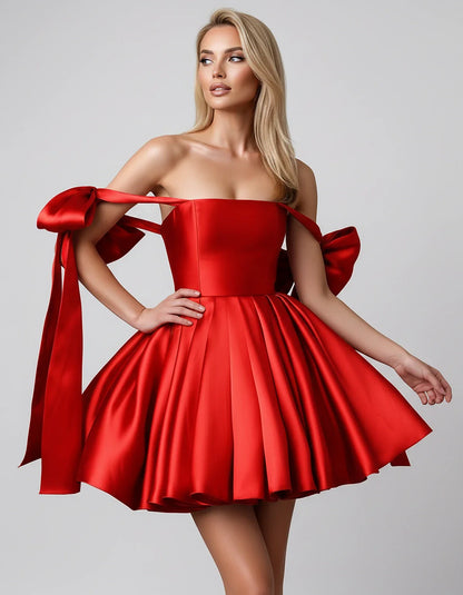 Satin Off-Shoulder Bow Fit-and-Flare Mini Dress with Pleated Skirt for Party, Cocktail, Evening, Summer & Wedding Guest Event | SKU: VMD-582741963851204-RED-L,VMD-582741963851204-RED-M,VMD-582741963851204-RED-S,VMD-582741963851204-RED-XL,VMD-582741963851204-RED-XS