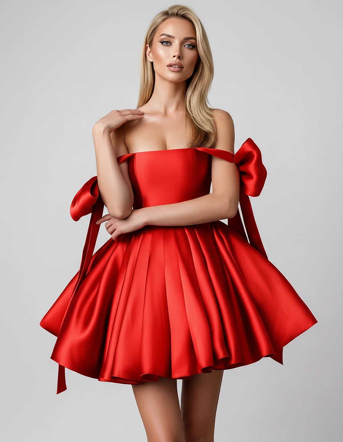 Satin Off-Shoulder Bow Fit-and-Flare Mini Dress with Pleated Skirt for Party, Cocktail, Evening, Summer & Wedding Guest Event | SKU: VMD-582741963851204-RED-L,VMD-582741963851204-RED-M,VMD-582741963851204-RED-S,VMD-582741963851204-RED-XL,VMD-582741963851204-RED-XS