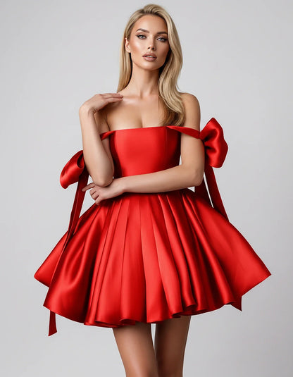 Satin Off-Shoulder Bow Fit-and-Flare Mini Dress with Pleated Skirt for Party, Cocktail, Evening, Summer & Wedding Guest Event | SKU: VMD-582741963851204-RED-L,VMD-582741963851204-RED-M,VMD-582741963851204-RED-S,VMD-582741963851204-RED-XL,VMD-582741963851204-RED-XS