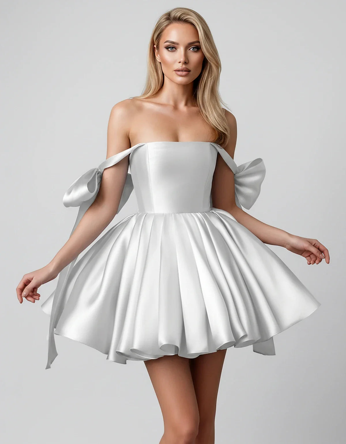 Satin Off-Shoulder Bow Fit-and-Flare Mini Dress with Pleated Skirt for Party, Cocktail, Evening, Summer & Wedding Guest Event | SKU: VMD-582741963851204-SILVER-L,VMD-582741963851204-SILVER-M,VMD-582741963851204-SILVER-S,VMD-582741963851204-SILVER-XL,VMD-582741963851204-SILVER-XS