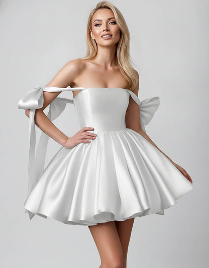 Satin Off-Shoulder Bow Fit-and-Flare Mini Dress with Pleated Skirt for Party, Cocktail, Evening, Summer & Wedding Guest Event | SKU: VMD-582741963851204-SILVER-L,VMD-582741963851204-SILVER-M,VMD-582741963851204-SILVER-S,VMD-582741963851204-SILVER-XL,VMD-582741963851204-SILVER-XS