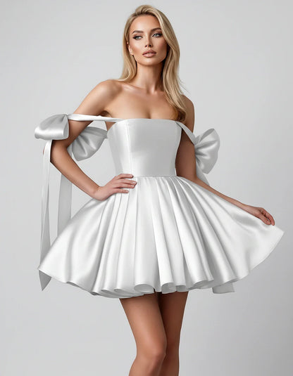 Satin Off-Shoulder Bow Fit-and-Flare Mini Dress with Pleated Skirt for Party, Cocktail, Evening, Summer & Wedding Guest Event | SKU: VMD-582741963851204-SILVER-L,VMD-582741963851204-SILVER-M,VMD-582741963851204-SILVER-S,VMD-582741963851204-SILVER-XL,VMD-582741963851204-SILVER-XS