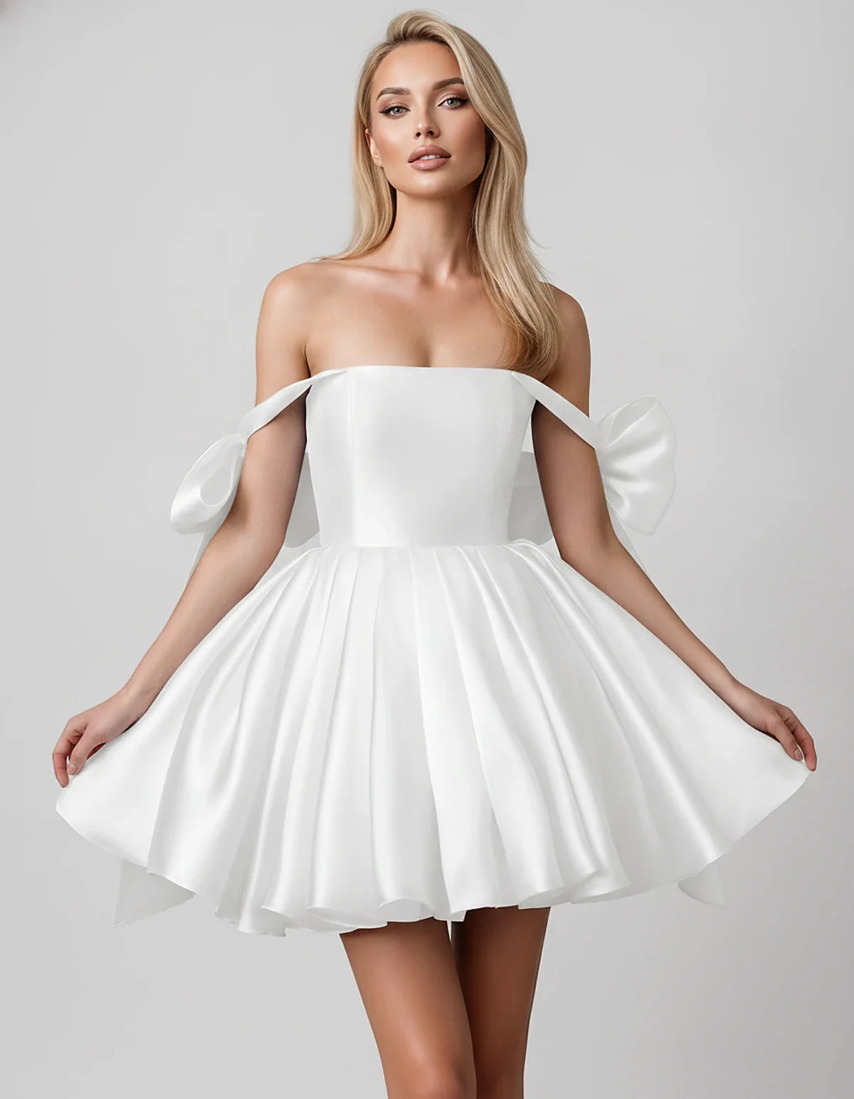 Satin Off-Shoulder Bow Fit-and-Flare Mini Dress with Pleated Skirt for Party, Cocktail, Evening, Summer & Wedding Guest Event | SKU: VMD-582741963851204-WHITE-L,VMD-582741963851204-WHITE-M,VMD-582741963851204-WHITE-S,VMD-582741963851204-WHITE-XL,VMD-582741963851204-WHITE-XS