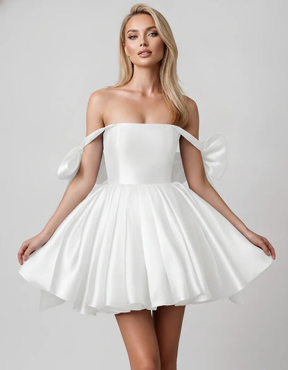 Satin Off-Shoulder Bow Fit-and-Flare Mini Dress with Pleated Skirt for Party, Cocktail, Evening, Summer & Wedding Guest Event | SKU: VMD-582741963851204-WHITE-L,VMD-582741963851204-WHITE-M,VMD-582741963851204-WHITE-S,VMD-582741963851204-WHITE-XL,VMD-582741963851204-WHITE-XS
