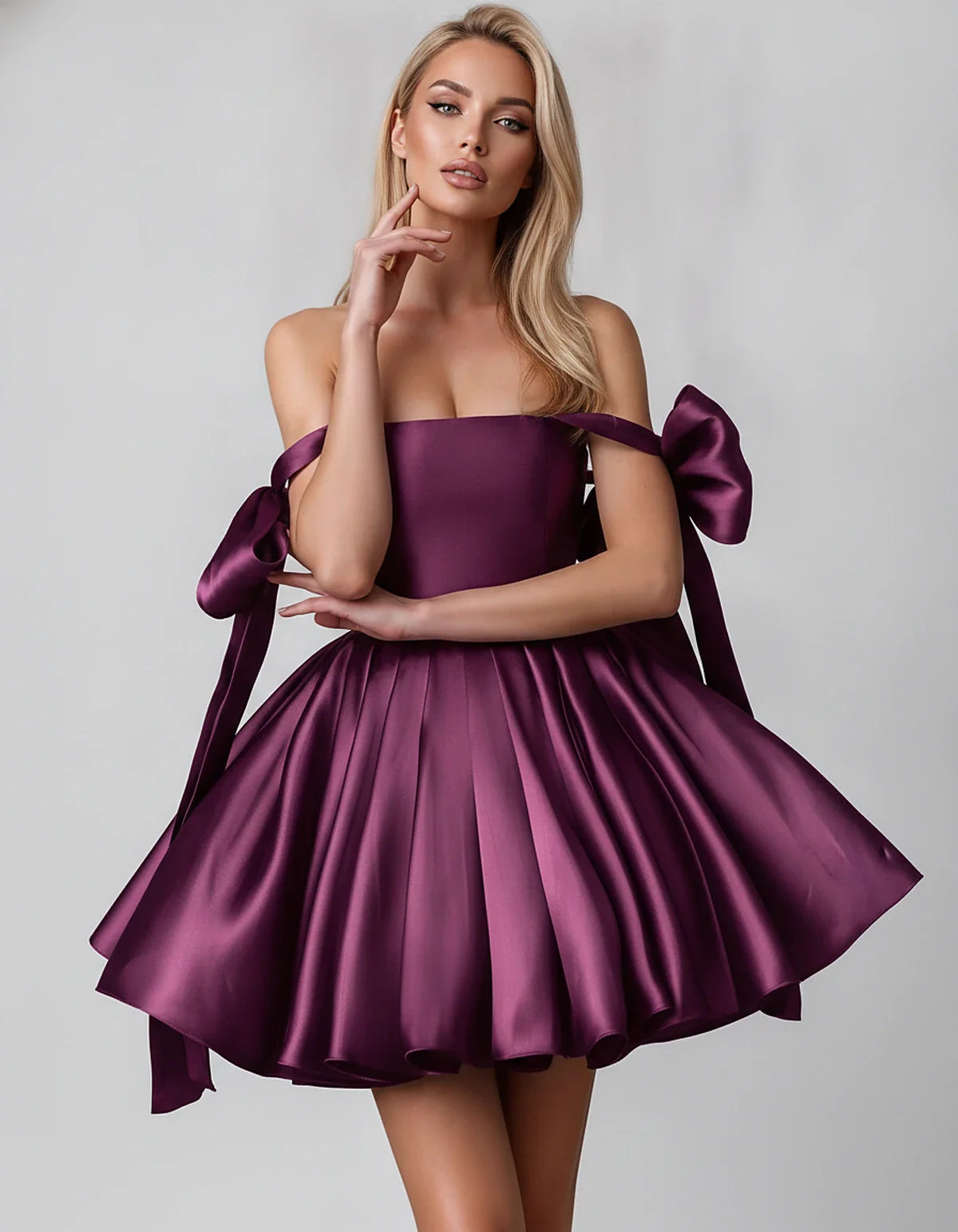 Satin Off-Shoulder Bow Fit-and-Flare Mini Dress with Pleated Skirt for Party, Cocktail, Evening, Summer & Wedding Guest Event | SKU: VMD-582741963851204-PLUM-L,VMD-582741963851204-PLUM-M,VMD-582741963851204-PLUM-S,VMD-582741963851204-PLUM-XL,VMD-582741963851204-PLUM-XS
