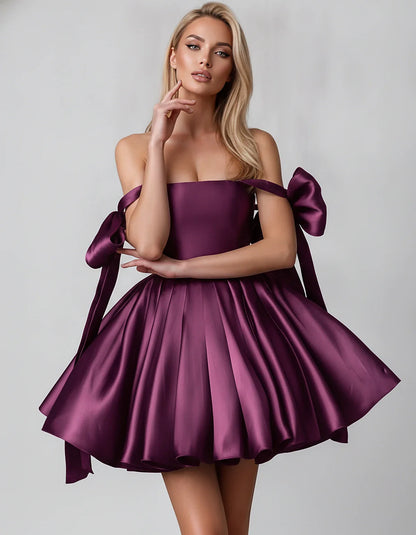 Satin Off-Shoulder Bow Fit-and-Flare Mini Dress with Pleated Skirt for Party, Cocktail, Evening, Summer & Wedding Guest Event | SKU: VMD-582741963851204-PLUM-L,VMD-582741963851204-PLUM-M,VMD-582741963851204-PLUM-S,VMD-582741963851204-PLUM-XL,VMD-582741963851204-PLUM-XS