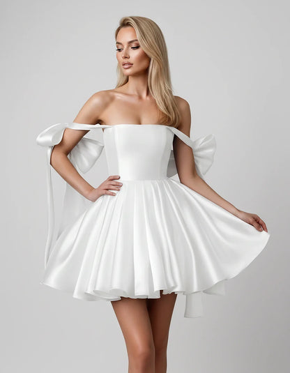 Satin Off-Shoulder Bow Fit-and-Flare Mini Dress with Pleated Skirt for Party, Cocktail, Evening, Summer & Wedding Guest Event | SKU: VMD-582741963851204-WHITE-L,VMD-582741963851204-WHITE-M,VMD-582741963851204-WHITE-S,VMD-582741963851204-WHITE-XL,VMD-582741963851204-WHITE-XS