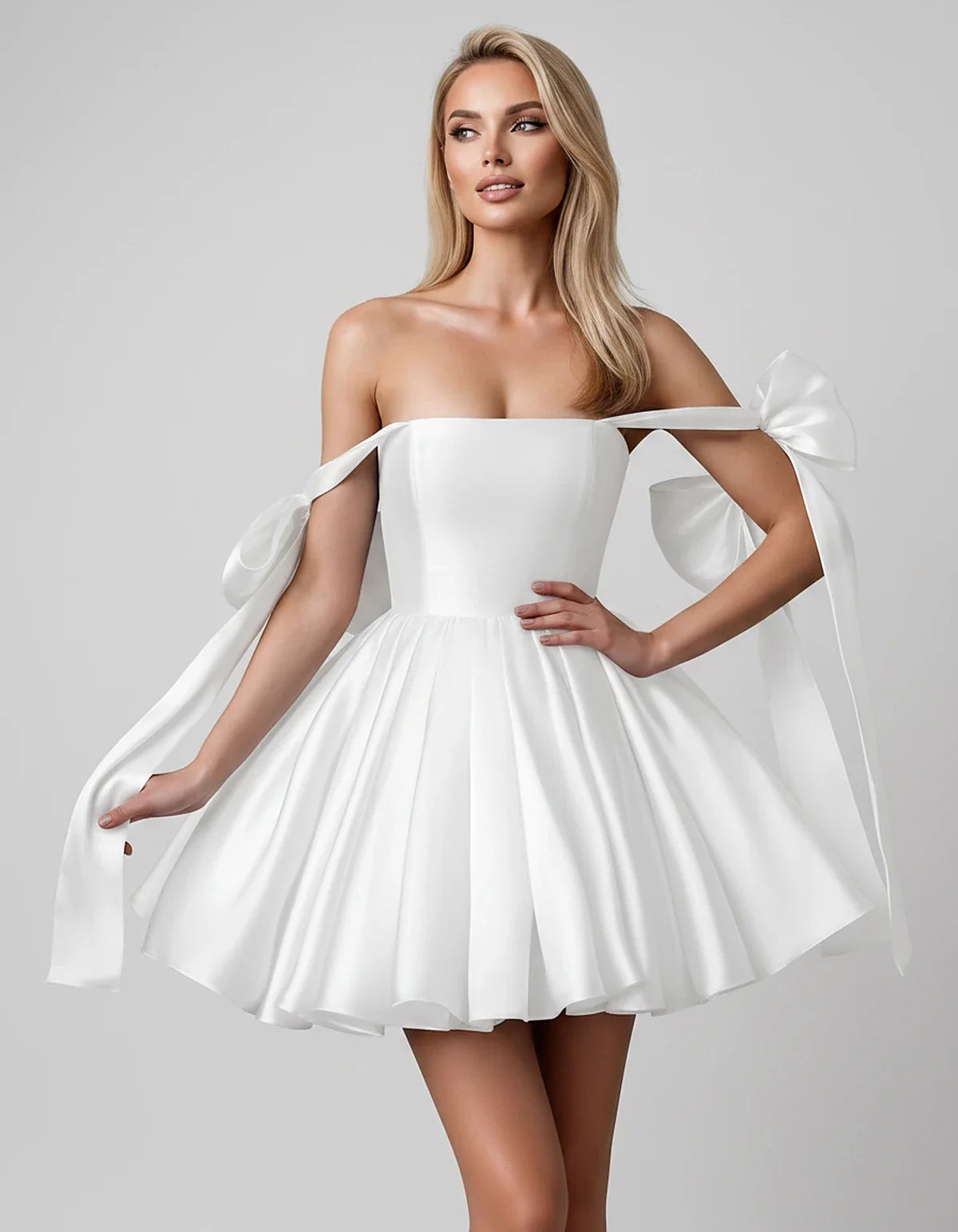 Satin Off-Shoulder Bow Fit-and-Flare Mini Dress with Pleated Skirt for Party, Cocktail, Evening, Summer & Wedding Guest Event | SKU: VMD-582741963851204-WHITE-L,VMD-582741963851204-WHITE-M,VMD-582741963851204-WHITE-S,VMD-582741963851204-WHITE-XL,VMD-582741963851204-WHITE-XS