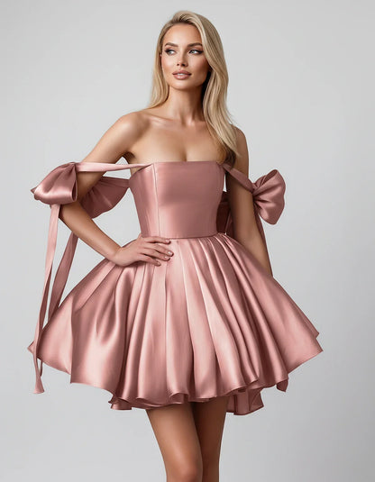 Satin Off-Shoulder Bow Fit-and-Flare Mini Dress with Pleated Skirt for Party, Cocktail, Evening, Summer & Wedding Guest Event | SKU: VMD-582741963851204-DUSTYPINK-L,VMD-582741963851204-DUSTYPINK-M,VMD-582741963851204-DUSTYPINK-S,VMD-582741963851204-DUSTYPINK-XL,VMD-582741963851204-DUSTYPINK-XS