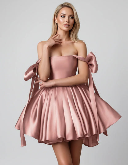 Satin Off-Shoulder Bow Fit-and-Flare Mini Dress with Pleated Skirt for Party, Cocktail, Evening, Summer & Wedding Guest Event | SKU: VMD-582741963851204-DUSTYPINK-L,VMD-582741963851204-DUSTYPINK-M,VMD-582741963851204-DUSTYPINK-S,VMD-582741963851204-DUSTYPINK-XL,VMD-582741963851204-DUSTYPINK-XS
