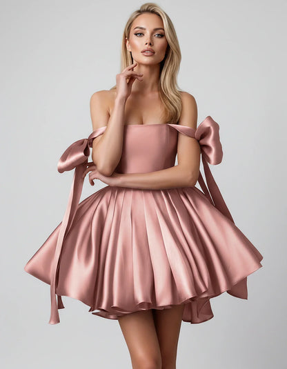 Satin Off-Shoulder Bow Fit-and-Flare Mini Dress with Pleated Skirt for Party, Cocktail, Evening, Summer & Wedding Guest Event | SKU: VMD-582741963851204-DUSTYPINK-L,VMD-582741963851204-DUSTYPINK-M,VMD-582741963851204-DUSTYPINK-S,VMD-582741963851204-DUSTYPINK-XL,VMD-582741963851204-DUSTYPINK-XS