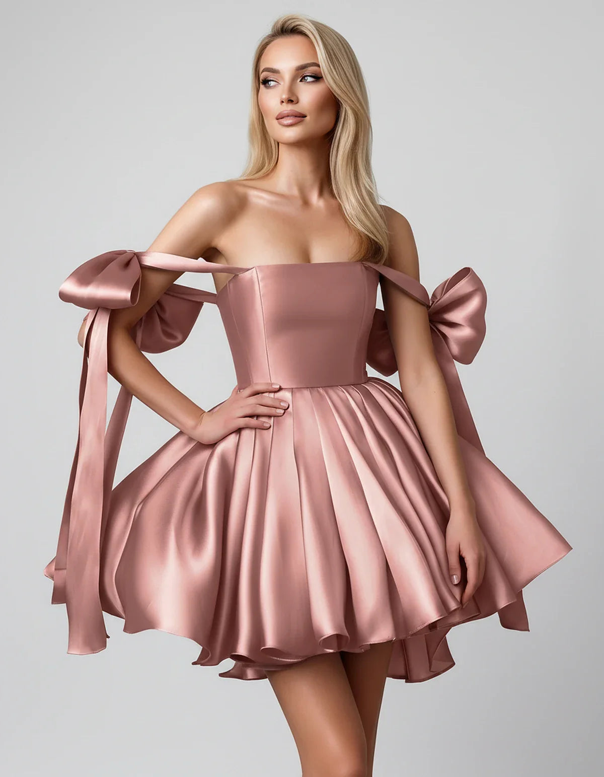 Satin Off-Shoulder Bow Fit-and-Flare Mini Dress with Pleated Skirt for Party, Cocktail, Evening, Summer & Wedding Guest Event | SKU: VMD-582741963851204-DUSTYPINK-L,VMD-582741963851204-DUSTYPINK-M,VMD-582741963851204-DUSTYPINK-S,VMD-582741963851204-DUSTYPINK-XL,VMD-582741963851204-DUSTYPINK-XS
