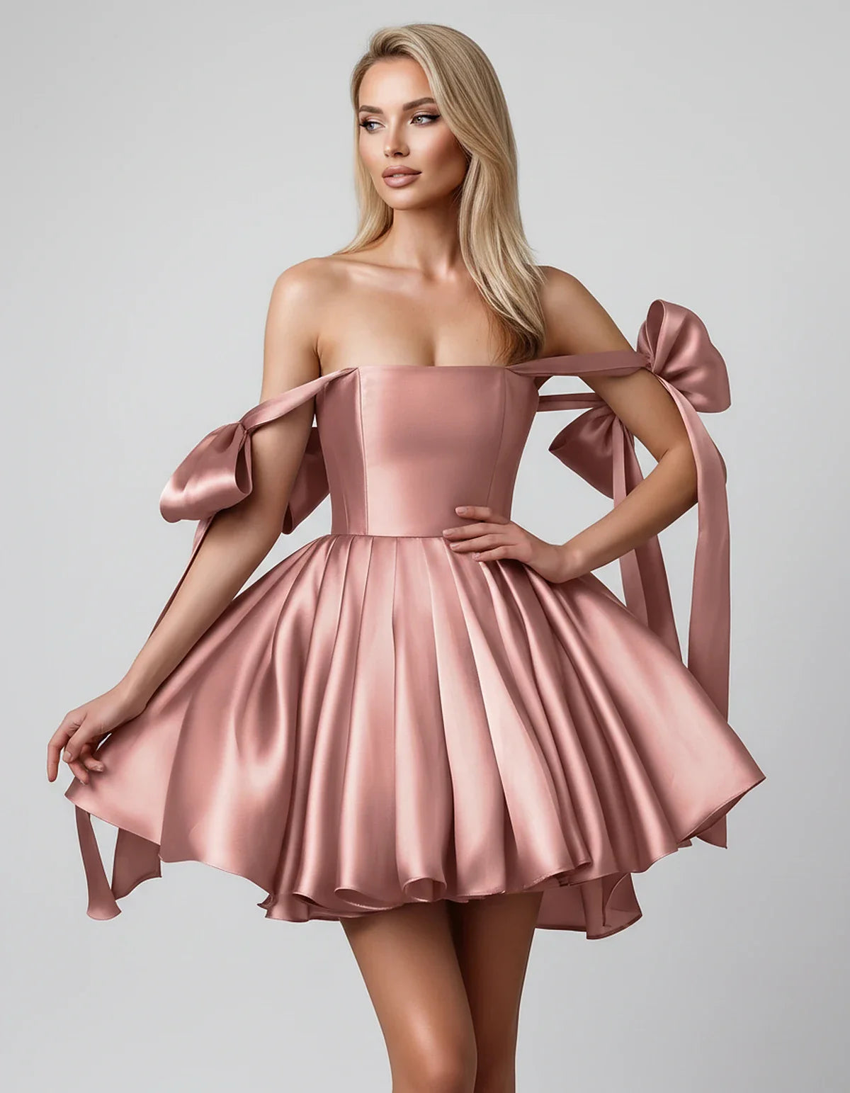 Satin Off-Shoulder Bow Fit-and-Flare Mini Dress with Pleated Skirt for Party, Cocktail, Evening, Summer & Wedding Guest Event | SKU: VMD-582741963851204-DUSTYPINK-L,VMD-582741963851204-DUSTYPINK-M,VMD-582741963851204-DUSTYPINK-S,VMD-582741963851204-DUSTYPINK-XL,VMD-582741963851204-DUSTYPINK-XS