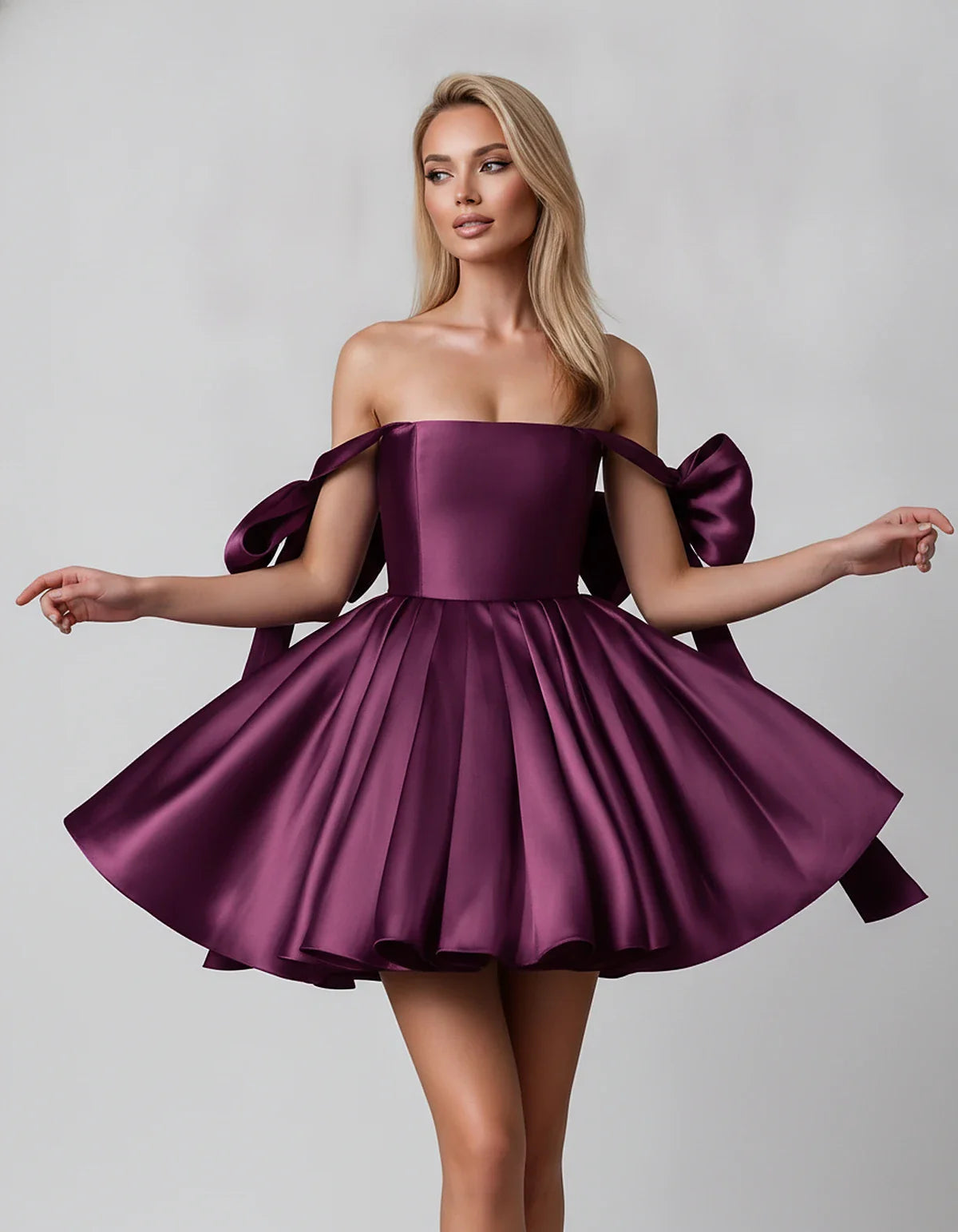 Satin Off-Shoulder Bow Fit-and-Flare Mini Dress with Pleated Skirt for Party, Cocktail, Evening, Summer & Wedding Guest Event | SKU: VMD-582741963851204-PLUM-L,VMD-582741963851204-PLUM-M,VMD-582741963851204-PLUM-S,VMD-582741963851204-PLUM-XL,VMD-582741963851204-PLUM-XS