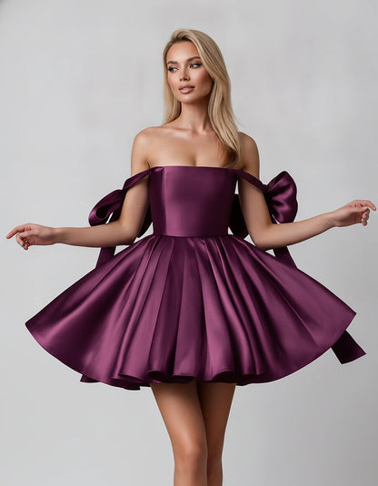 Satin Off-Shoulder Bow Fit-and-Flare Mini Dress with Pleated Skirt for Party, Cocktail, Evening, Summer & Wedding Guest Event | SKU: VMD-582741963851204-PLUM-L,VMD-582741963851204-PLUM-M,VMD-582741963851204-PLUM-S,VMD-582741963851204-PLUM-XL,VMD-582741963851204-PLUM-XS