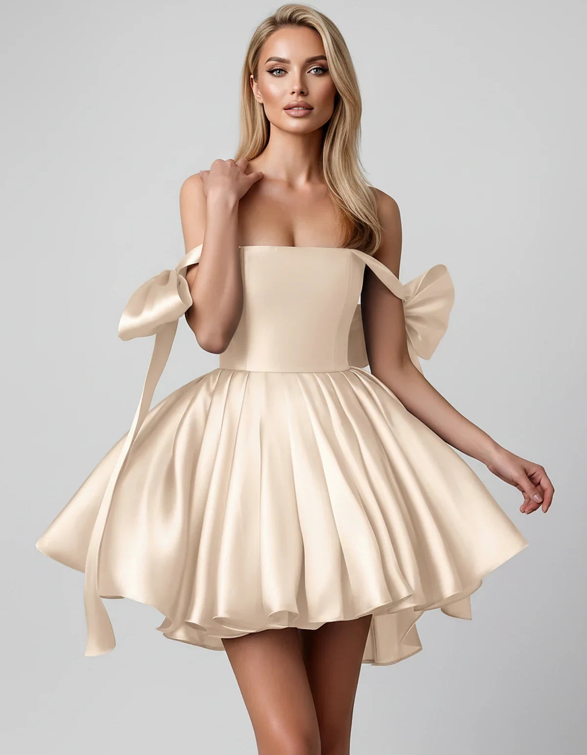 Satin Off-Shoulder Bow Fit-and-Flare Mini Dress with Pleated Skirt for Party, Cocktail, Evening, Summer & Wedding Guest Event | SKU: VMD-582741963851204-CHAMPAGNE-L,VMD-582741963851204-CHAMPAGNE-M,VMD-582741963851204-CHAMPAGNE-S,VMD-582741963851204-CHAMPAGNE-XL,VMD-582741963851204-CHAMPAGNE-XS