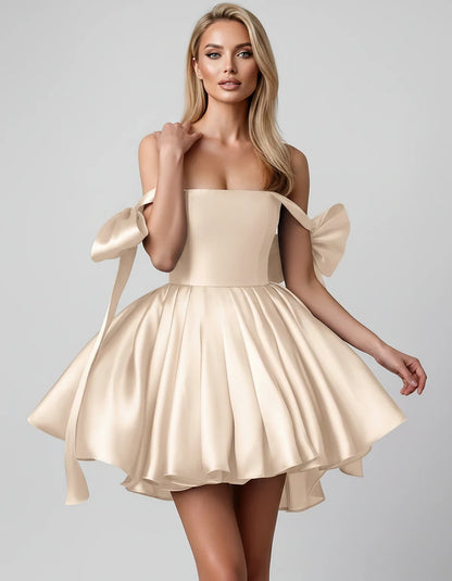 Satin Off-Shoulder Bow Fit-and-Flare Mini Dress with Pleated Skirt for Party, Cocktail, Evening, Summer & Wedding Guest Event | SKU: VMD-582741963851204-CHAMPAGNE-L,VMD-582741963851204-CHAMPAGNE-M,VMD-582741963851204-CHAMPAGNE-S,VMD-582741963851204-CHAMPAGNE-XL,VMD-582741963851204-CHAMPAGNE-XS