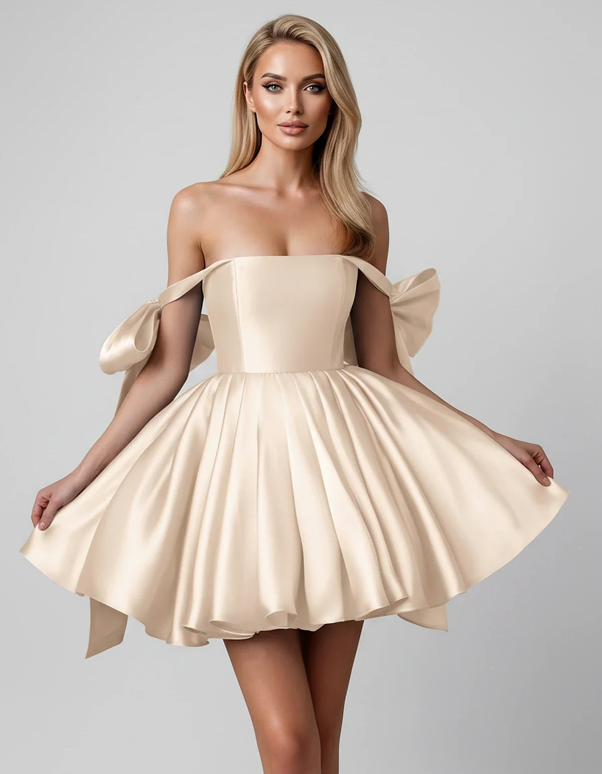 Satin Off-Shoulder Bow Fit-and-Flare Mini Dress with Pleated Skirt for Party, Cocktail, Evening, Summer & Wedding Guest Event | SKU: VMD-582741963851204-CHAMPAGNE-L,VMD-582741963851204-CHAMPAGNE-M,VMD-582741963851204-CHAMPAGNE-S,VMD-582741963851204-CHAMPAGNE-XL,VMD-582741963851204-CHAMPAGNE-XS
