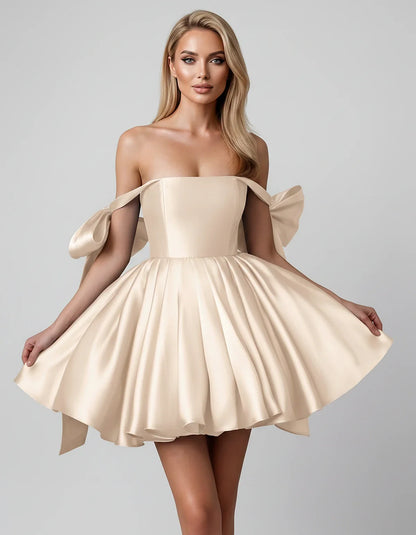 Satin Off-Shoulder Bow Fit-and-Flare Mini Dress with Pleated Skirt for Party, Cocktail, Evening, Summer & Wedding Guest Event | SKU: VMD-582741963851204-CHAMPAGNE-L,VMD-582741963851204-CHAMPAGNE-M,VMD-582741963851204-CHAMPAGNE-S,VMD-582741963851204-CHAMPAGNE-XL,VMD-582741963851204-CHAMPAGNE-XS
