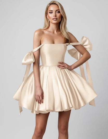 Satin Off-Shoulder Bow Fit-and-Flare Mini Dress with Pleated Skirt for Party, Cocktail, Evening, Summer & Wedding Guest Event | SKU: VMD-582741963851204-CHAMPAGNE-L,VMD-582741963851204-CHAMPAGNE-M,VMD-582741963851204-CHAMPAGNE-S,VMD-582741963851204-CHAMPAGNE-XL,VMD-582741963851204-CHAMPAGNE-XS