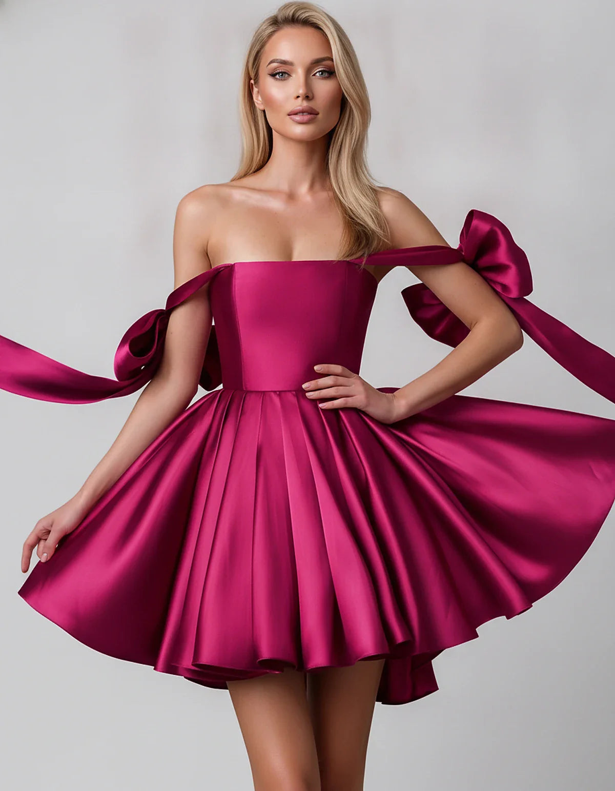 Satin Off-Shoulder Bow Fit-and-Flare Mini Dress with Pleated Skirt for Party, Cocktail, Evening, Summer & Wedding Guest Event | SKU: VMD-582741963851204-FUCHSIA-L,VMD-582741963851204-FUCHSIA-M,VMD-582741963851204-FUCHSIA-S,VMD-582741963851204-FUCHSIA-XL,VMD-582741963851204-FUCHSIA-XS