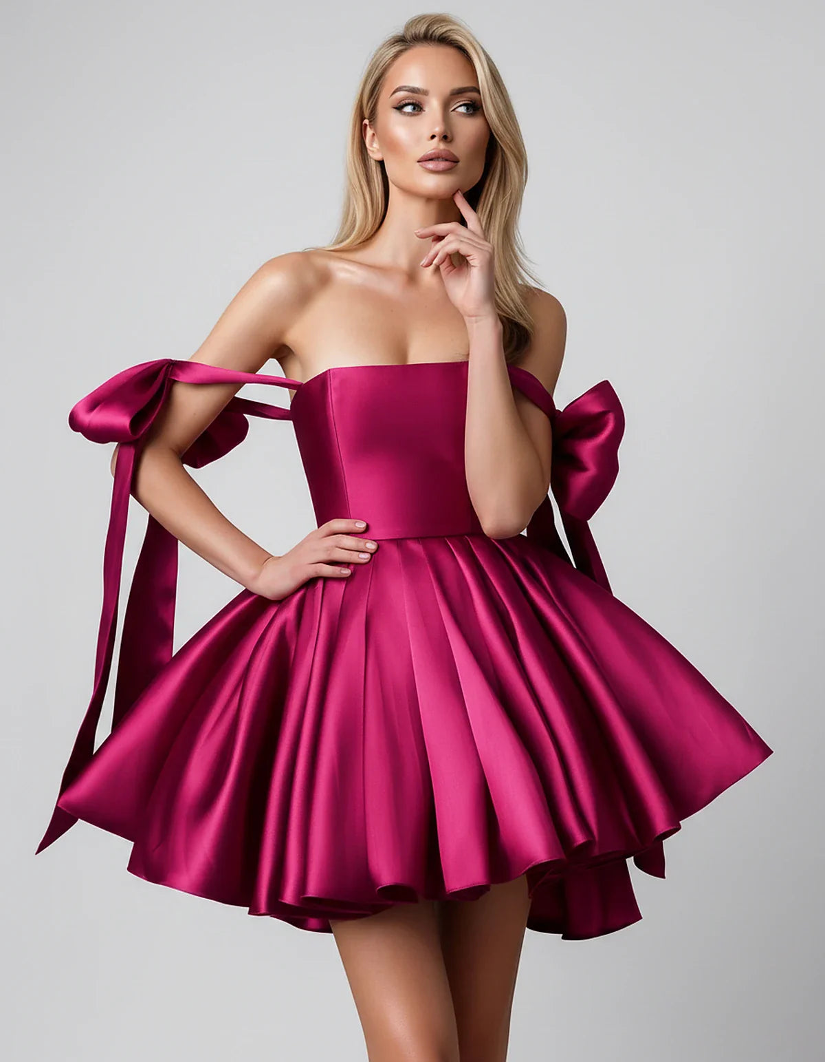 Satin Off-Shoulder Bow Fit-and-Flare Mini Dress with Pleated Skirt for Party, Cocktail, Evening, Summer & Wedding Guest Event | SKU: VMD-582741963851204-FUCHSIA-L,VMD-582741963851204-FUCHSIA-M,VMD-582741963851204-FUCHSIA-S,VMD-582741963851204-FUCHSIA-XL,VMD-582741963851204-FUCHSIA-XS
