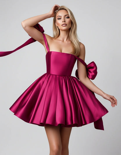 Satin Off-Shoulder Bow Fit-and-Flare Mini Dress with Pleated Skirt for Party, Cocktail, Evening, Summer & Wedding Guest Event | SKU: VMD-582741963851204-FUCHSIA-L,VMD-582741963851204-FUCHSIA-M,VMD-582741963851204-FUCHSIA-S,VMD-582741963851204-FUCHSIA-XL,VMD-582741963851204-FUCHSIA-XS