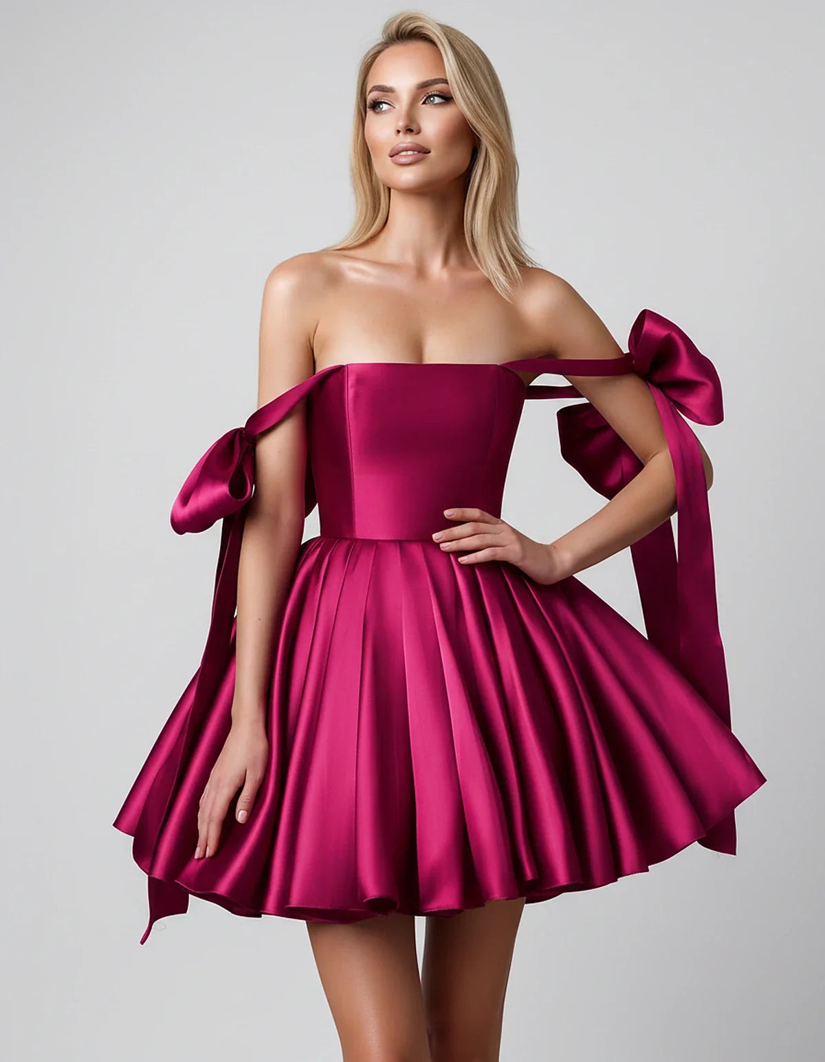Satin Off-Shoulder Bow Fit-and-Flare Mini Dress with Pleated Skirt for Party, Cocktail, Evening, Summer & Wedding Guest Event | SKU: VMD-582741963851204-FUCHSIA-L,VMD-582741963851204-FUCHSIA-M,VMD-582741963851204-FUCHSIA-S,VMD-582741963851204-FUCHSIA-XL,VMD-582741963851204-FUCHSIA-XS