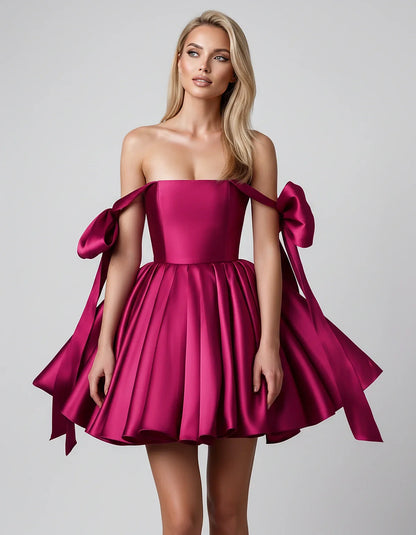 Satin Off-Shoulder Bow Fit-and-Flare Mini Dress with Pleated Skirt for Party, Cocktail, Evening, Summer & Wedding Guest Event | SKU: VMD-582741963851204-FUCHSIA-L,VMD-582741963851204-FUCHSIA-M,VMD-582741963851204-FUCHSIA-S,VMD-582741963851204-FUCHSIA-XL,VMD-582741963851204-FUCHSIA-XS