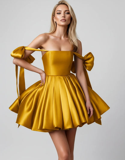 Satin Off-Shoulder Bow Fit-and-Flare Mini Dress with Pleated Skirt for Party, Cocktail, Evening, Summer & Wedding Guest Event | SKU: VMD-582741963851204-YELLOW-L,VMD-582741963851204-YELLOW-M,VMD-582741963851204-YELLOW-S,VMD-582741963851204-YELLOW-XL,VMD-582741963851204-YELLOW-XS