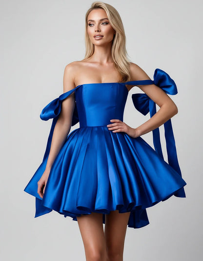 Satin Off-Shoulder Bow Fit-and-Flare Mini Dress with Pleated Skirt for Party, Cocktail, Evening, Summer & Wedding Guest Event | SKU: VMD-582741963851204-BLUE-L,VMD-582741963851204-BLUE-M,VMD-582741963851204-BLUE-S,VMD-582741963851204-BLUE-XL,VMD-582741963851204-BLUE-XS