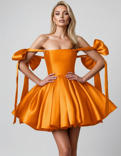 Satin Off-Shoulder Bow Fit-and-Flare Mini Dress with Pleated Skirt for Party, Cocktail, Evening, Summer & Wedding Guest Event | SKU: VMD-582741963851204-ORANGE-L,VMD-582741963851204-ORANGE-M,VMD-582741963851204-ORANGE-S,VMD-582741963851204-ORANGE-XL,VMD-582741963851204-ORANGE-XS