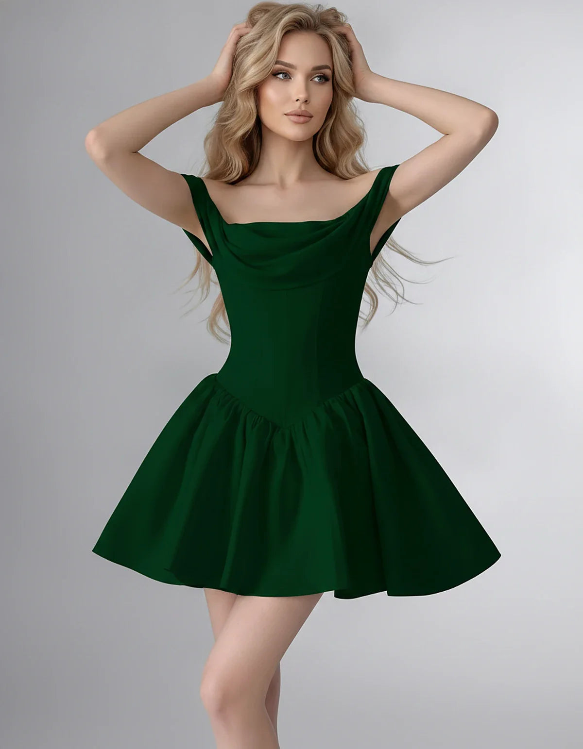 Satin Off-the-Shoulder A-Line Mini Dress with Structured Bodice for Party, Cocktail, Evening, Homecoming, Wedding Guest & Sum | SKU: VM-582746193847561-GREEN-L,VM-582746193847561-GREEN-M,VM-582746193847561-GREEN-S,VM-582746193847561-GREEN-XL,VM-582746193847561-GREEN-XS