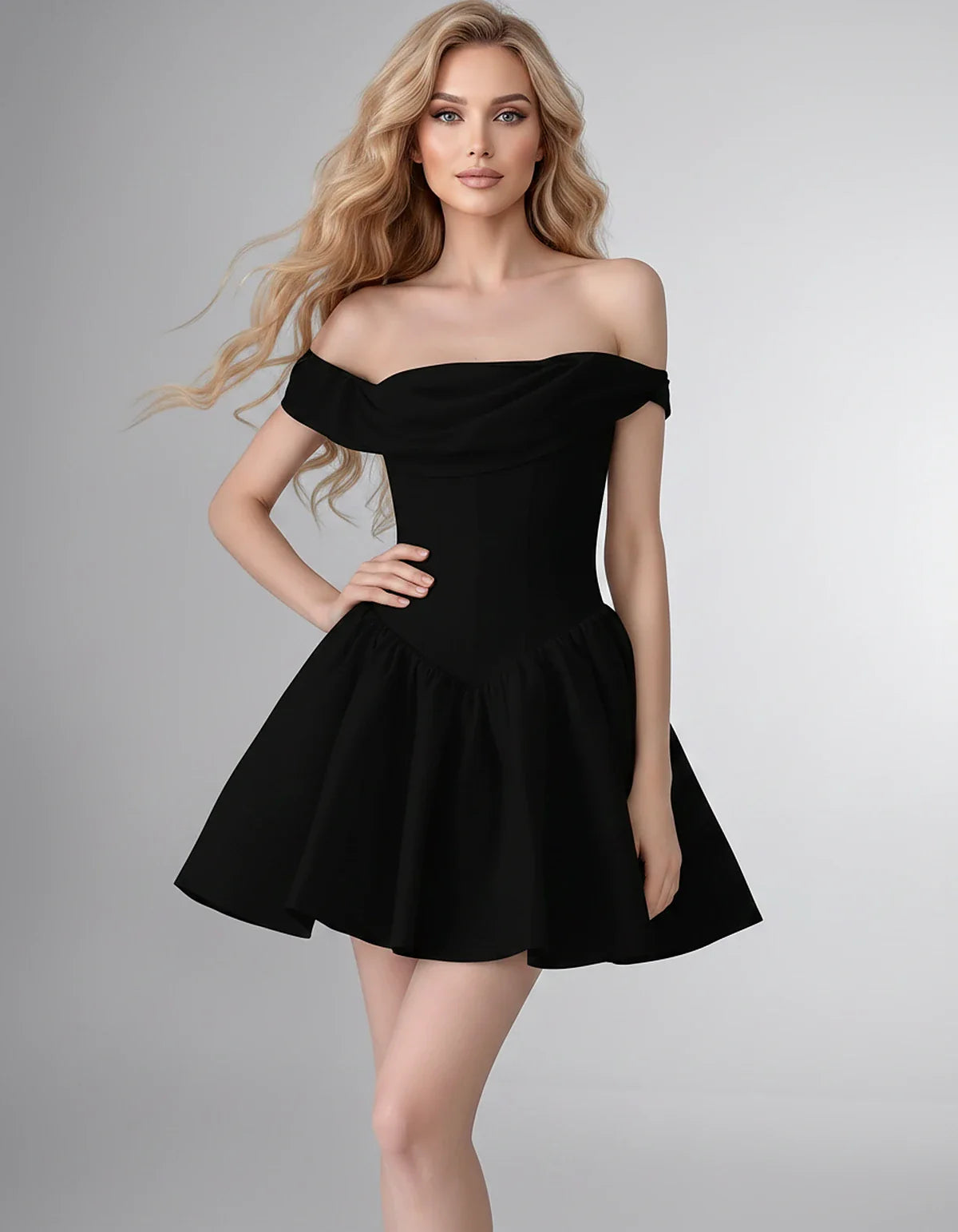 Satin Off-the-Shoulder A-Line Mini Dress with Structured Bodice for Party, Cocktail, Evening, Homecoming, Wedding Guest & Sum | SKU: VM-582746193847561-BLACK-L,VM-582746193847561-BLACK-M,VM-582746193847561-BLACK-S,VM-582746193847561-BLACK-XL,VM-582746193847561-BLACK-XS