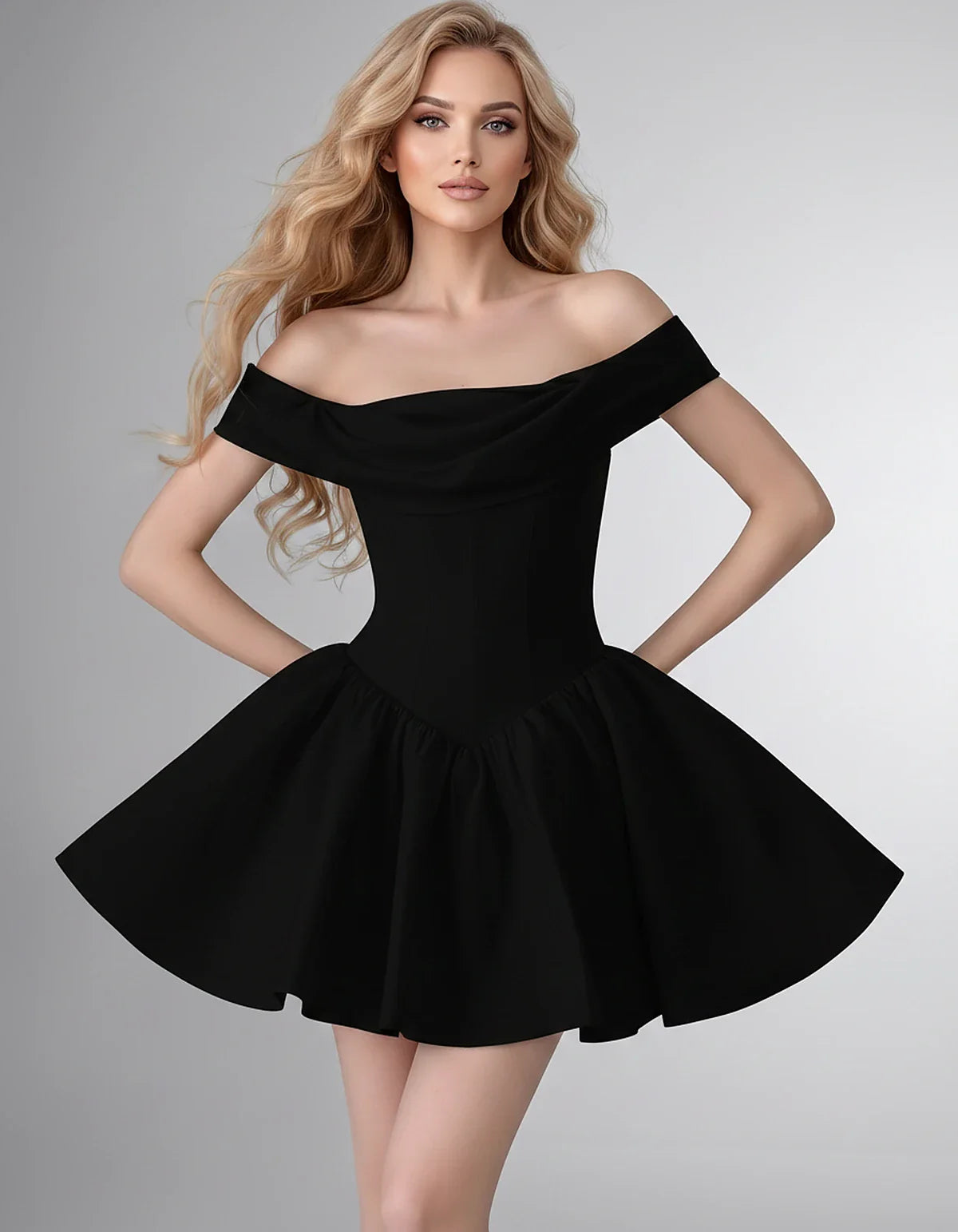 Satin Off-the-Shoulder A-Line Mini Dress with Structured Bodice for Party, Cocktail, Evening, Homecoming, Wedding Guest & Sum | SKU: VM-582746193847561-BLACK-L,VM-582746193847561-BLACK-M,VM-582746193847561-BLACK-S,VM-582746193847561-BLACK-XL,VM-582746193847561-BLACK-XS