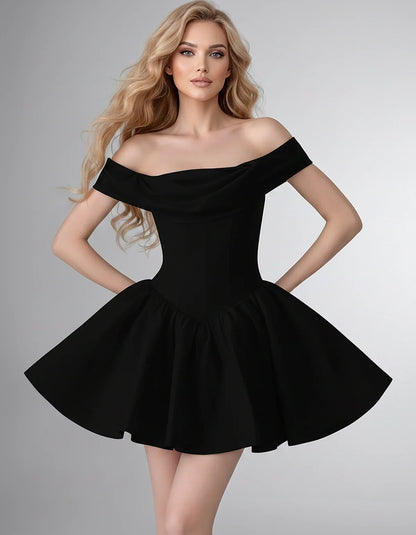 Satin Off-the-Shoulder A-Line Mini Dress with Structured Bodice for Party, Cocktail, Evening, Homecoming, Wedding Guest & Sum | SKU: VM-582746193847561-BLACK-L,VM-582746193847561-BLACK-M,VM-582746193847561-BLACK-S,VM-582746193847561-BLACK-XL,VM-582746193847561-BLACK-XS