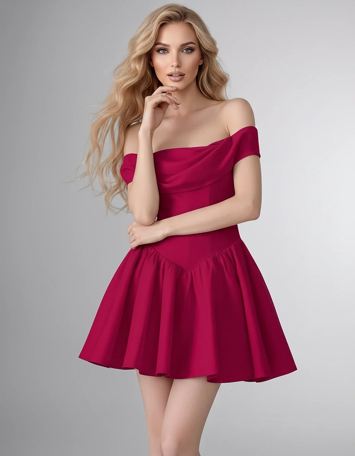 Satin Off-the-Shoulder A-Line Mini Dress with Structured Bodice for Party, Cocktail, Evening, Homecoming, Wedding Guest & Sum | SKU: VM-582746193847561-FUCHSIA-L,VM-582746193847561-FUCHSIA-M,VM-582746193847561-FUCHSIA-S,VM-582746193847561-FUCHSIA-XL,VM-582746193847561-FUCHSIA-XS