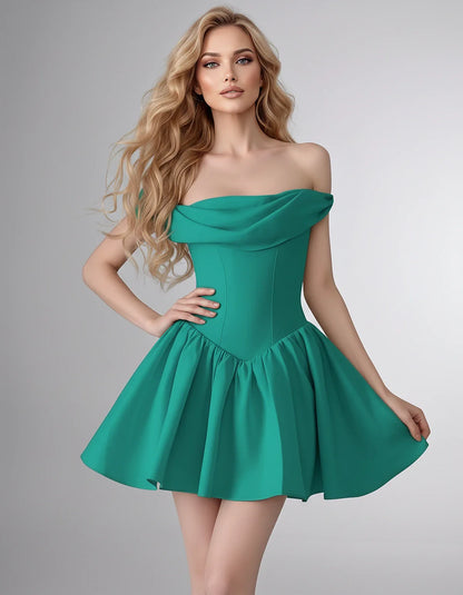 Satin Off-the-Shoulder A-Line Mini Dress with Structured Bodice for Party, Cocktail, Evening, Homecoming, Wedding Guest & Sum | SKU: VM-582746193847561-TURQUOISE-L,VM-582746193847561-TURQUOISE-M,VM-582746193847561-TURQUOISE-S,VM-582746193847561-TURQUOISE-XL,VM-582746193847561-TURQUOISE-XS