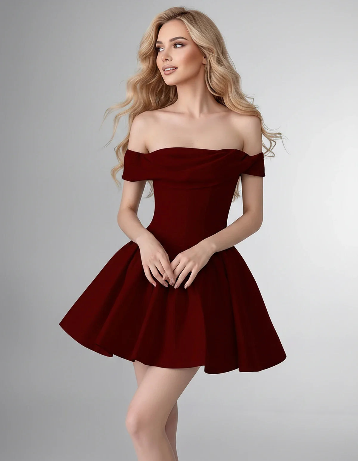 Satin Off-the-Shoulder A-Line Mini Dress with Structured Bodice for Party, Cocktail, Evening, Homecoming, Wedding Guest & Sum | SKU: VM-582746193847561-BURGUNDY-L,VM-582746193847561-BURGUNDY-M,VM-582746193847561-BURGUNDY-S,VM-582746193847561-BURGUNDY-XL,VM-582746193847561-BURGUNDY-XS