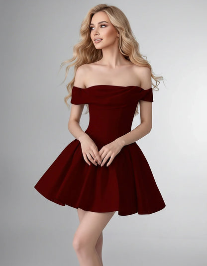 Satin Off-the-Shoulder A-Line Mini Dress with Structured Bodice for Party, Cocktail, Evening, Homecoming, Wedding Guest & Sum | SKU: VM-582746193847561-BURGUNDY-L,VM-582746193847561-BURGUNDY-M,VM-582746193847561-BURGUNDY-S,VM-582746193847561-BURGUNDY-XL,VM-582746193847561-BURGUNDY-XS