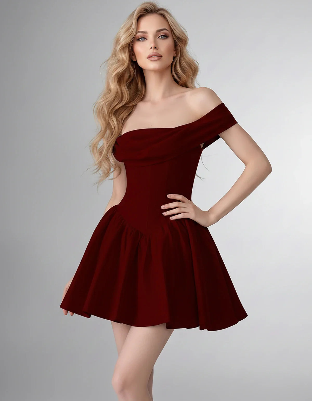 Satin Off-the-Shoulder A-Line Mini Dress with Structured Bodice for Party, Cocktail, Evening, Homecoming, Wedding Guest & Sum | SKU: VM-582746193847561-BURGUNDY-L,VM-582746193847561-BURGUNDY-M,VM-582746193847561-BURGUNDY-S,VM-582746193847561-BURGUNDY-XL,VM-582746193847561-BURGUNDY-XS