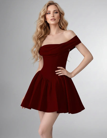 Satin Off-the-Shoulder A-Line Mini Dress with Structured Bodice for Party, Cocktail, Evening, Homecoming, Wedding Guest & Sum | SKU: VM-582746193847561-BURGUNDY-L,VM-582746193847561-BURGUNDY-M,VM-582746193847561-BURGUNDY-S,VM-582746193847561-BURGUNDY-XL,VM-582746193847561-BURGUNDY-XS