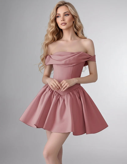 Satin Off-the-Shoulder A-Line Mini Dress with Structured Bodice for Party, Cocktail, Evening, Homecoming, Wedding Guest & Sum | SKU: VM-582746193847561-DUSTYROSE-L,VM-582746193847561-DUSTYROSE-M,VM-582746193847561-DUSTYROSE-S,VM-582746193847561-DUSTYROSE-XL,VM-582746193847561-DUSTYROSE-XS