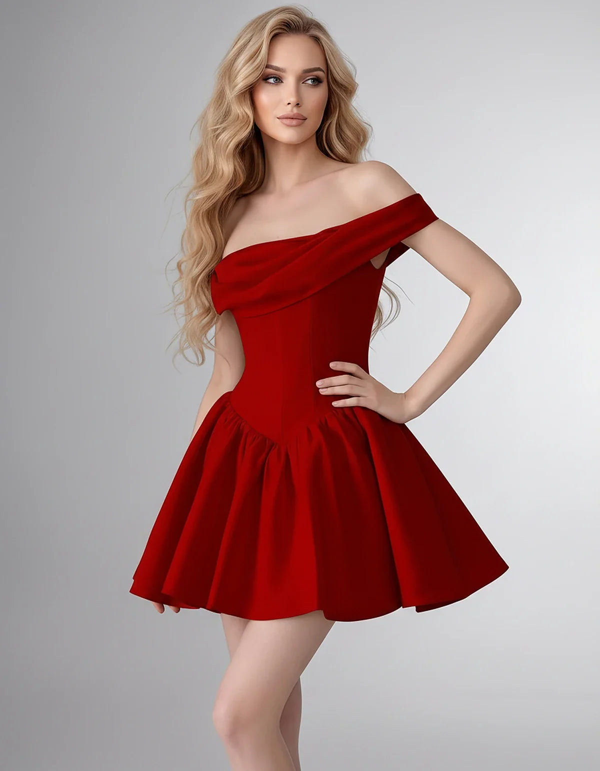 Satin Off-the-Shoulder A-Line Mini Dress with Structured Bodice for Party, Cocktail, Evening, Homecoming, Wedding Guest & Sum | SKU: VM-582746193847561-RED-L,VM-582746193847561-RED-M,VM-582746193847561-RED-S,VM-582746193847561-RED-XL,VM-582746193847561-RED-XS