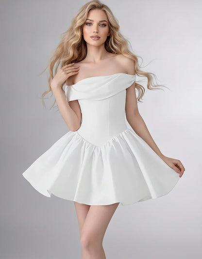 Satin Off-the-Shoulder A-Line Mini Dress with Structured Bodice for Party, Cocktail, Evening, Homecoming, Wedding Guest & Sum | SKU: VM-582746193847561-WHITE-L,VM-582746193847561-WHITE-M,VM-582746193847561-WHITE-S,VM-582746193847561-WHITE-XL,VM-582746193847561-WHITE-XS